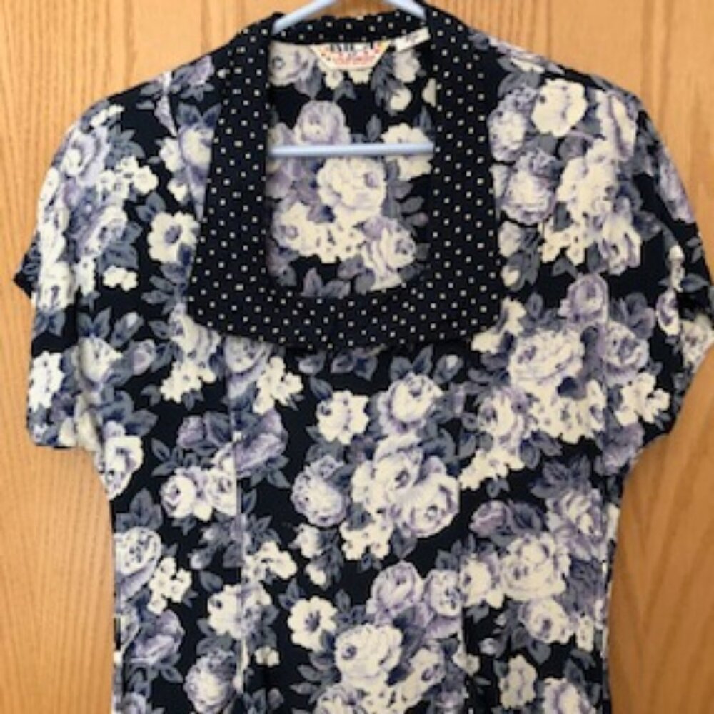 Vintage Bila California Version Retro of Polka Dot 1940s Blue Rose Floral Dress